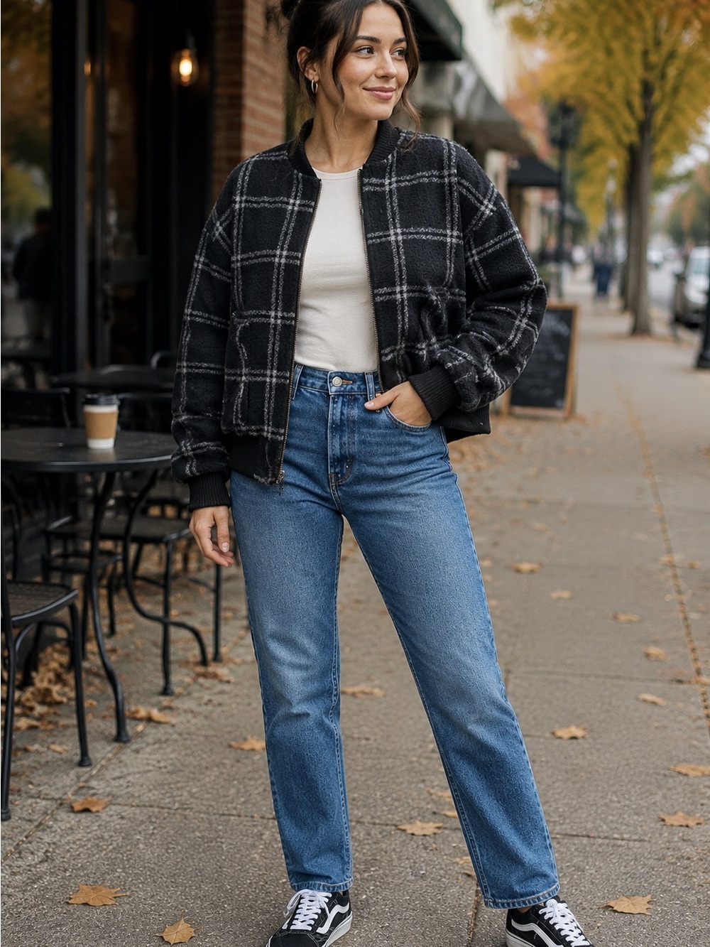 Universal Thread Women’s Black Gray Plaid Bomber Jacket Full Zip